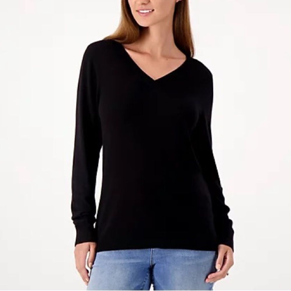 Denim & Co. Crossover V-Neck Long Sleeve Pullover Sweater